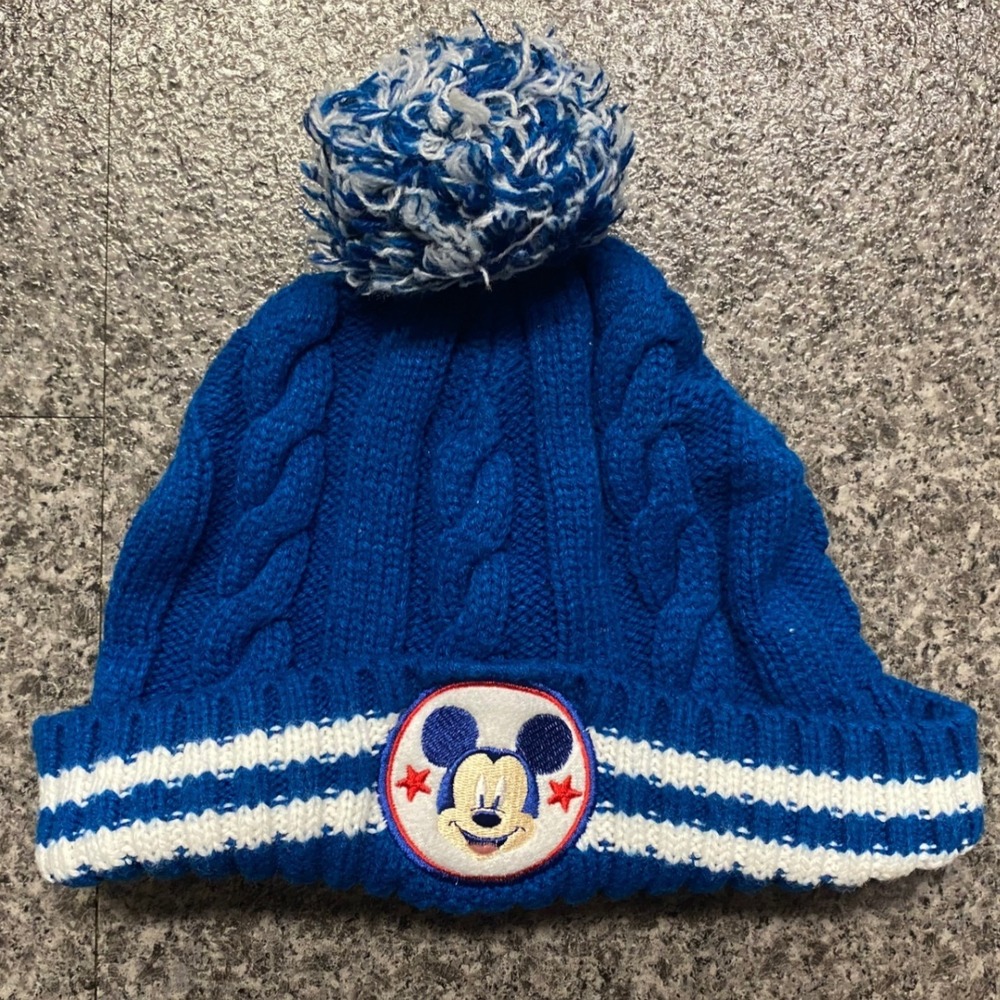 Vintage Disney Junior Mickey Mouse Pom Pom Beanie‎ Hat Kids Blue Winter Knit Cap